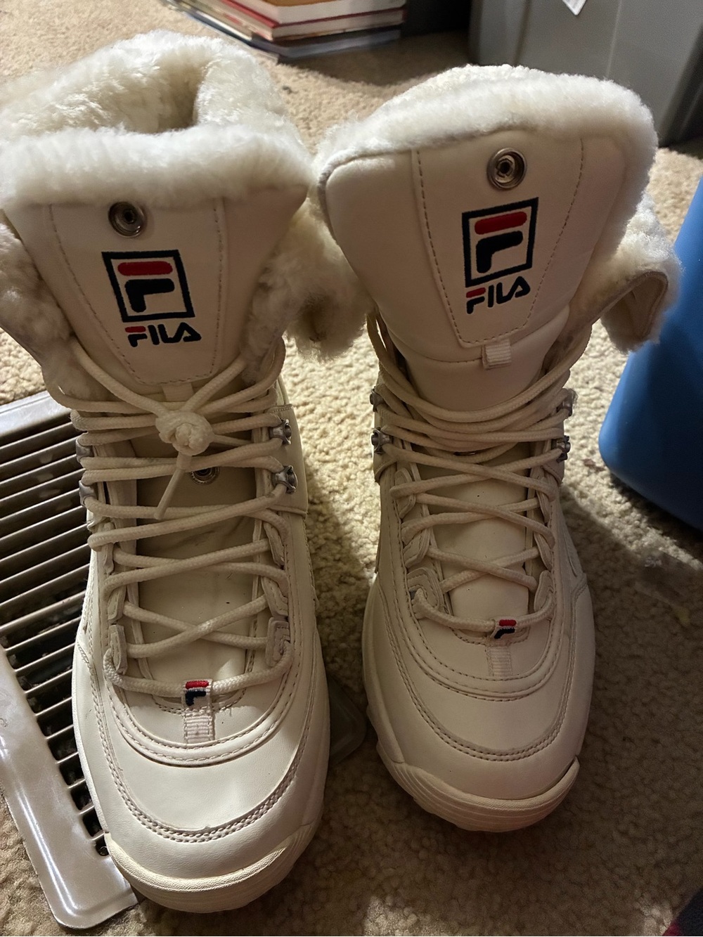 FILA Cream Faux-Fur Lace-Up Platform Boots